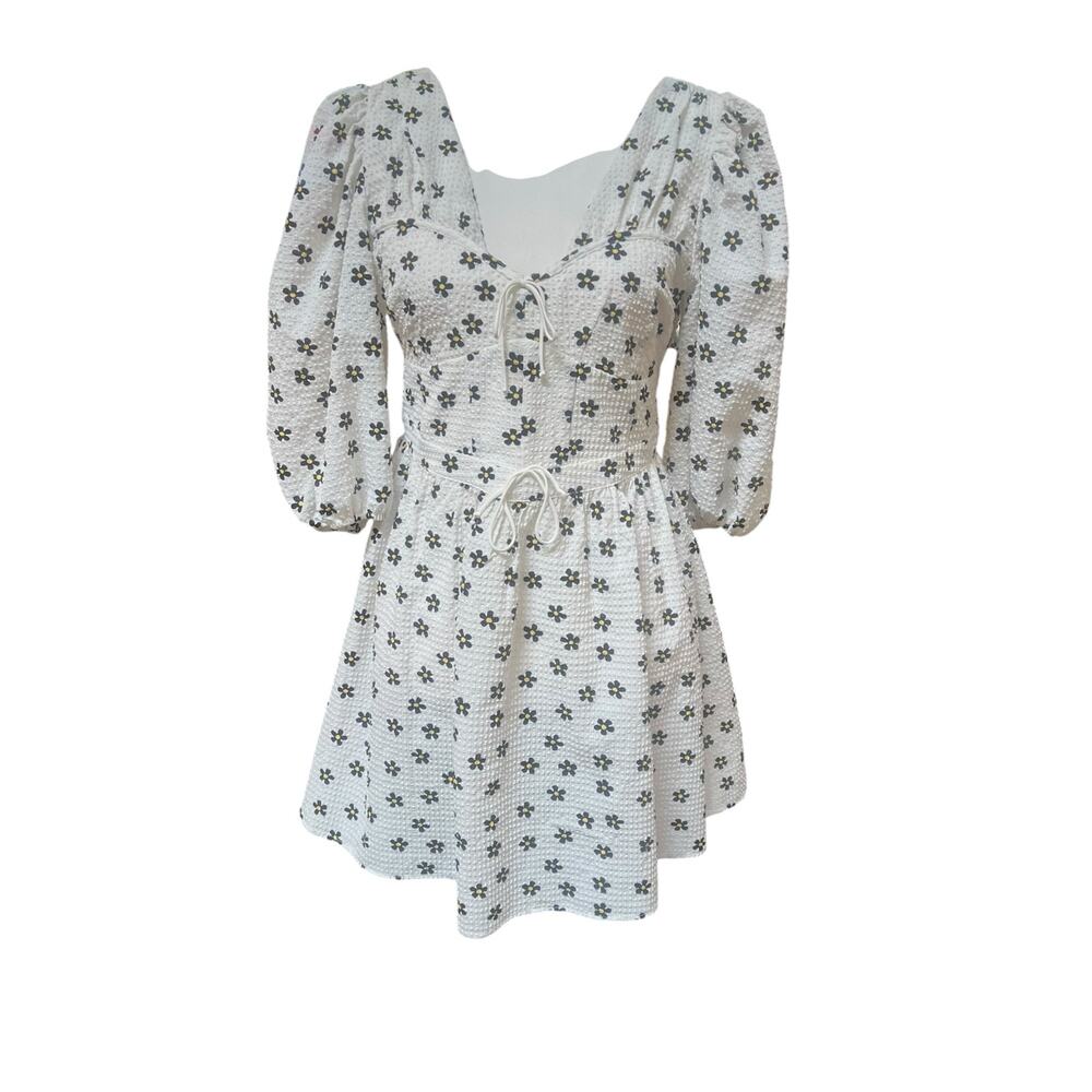 NWT For Love & Lemons White Daisy Floral Puff Sleeve Mini Dress Size M Boho